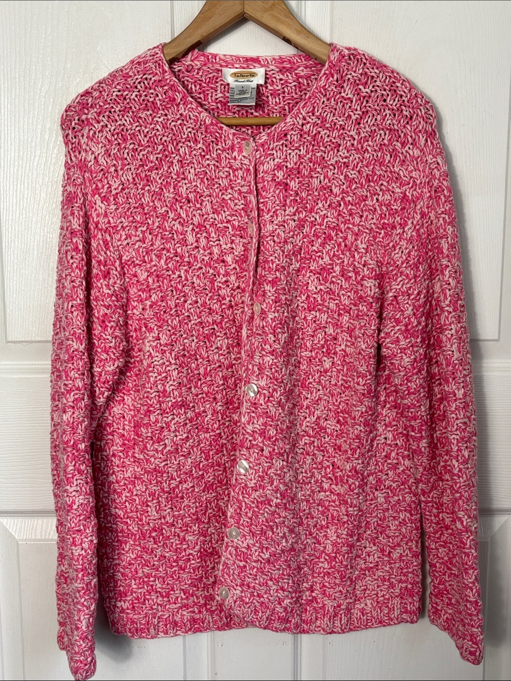 Talbots Hand Knitted Sweater Pink Size Large 100% Cotton Mother of Pearl Buttons